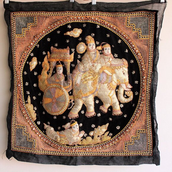 Vintage 1940s Kalaga Wall Hanging, Burmese Myanmar Elephant,Black Velvet
